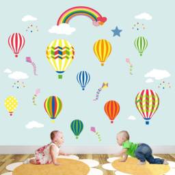 Hot Air Balloon Decal, Kites, Rainbow Baby Wall Stickers. Nursery Room Decor, Gender Neutral, Multi Coloured Girls & Boys Bedroom Stencil - thumbnail 1