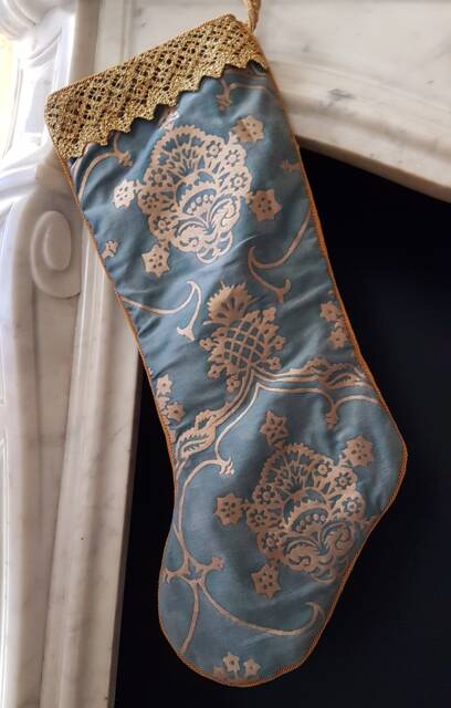Luxury Christmas Stocking Fortuny Fabric Blue & Silvery Gold Veronese Pattern - Made in Italy - image 1