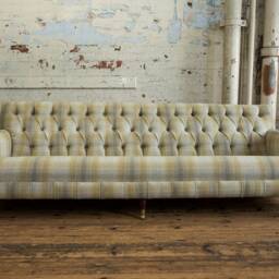 Handmade Large 4 Seater Beige Mustard Tartan Wool Fabric Chesterfield Sofa - thumbnail 3