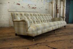 Handmade Large 4 Seater Beige Mustard Tartan Wool Fabric Chesterfield Sofa