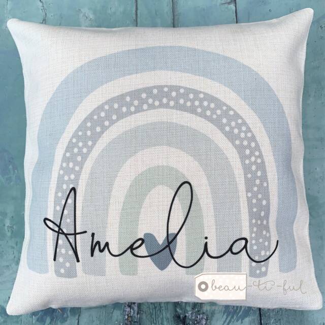 Personalised Name ... Pastel Blues Rainbow Design Home Quote Linen Style Cushion Decor Cover