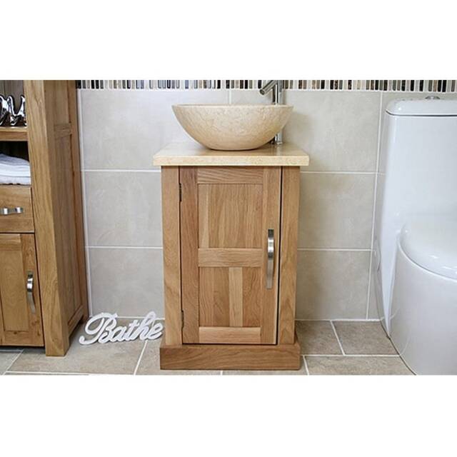 Cloakroom Bathroom Vanity Unit Oak Cream Marble Stone Wash Stand & Basin 309cm025cm - image 1