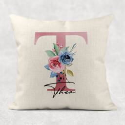 Personalised Initial & Name , Rose Floral Linen Cushion . Girls/Mum/Nan Birthday Gift - thumbnail 2