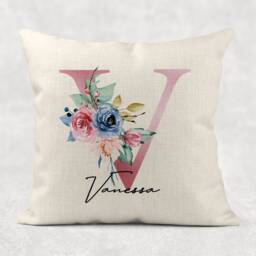Personalised Initial & Name , Rose Floral Linen Cushion . Girls/Mum/Nan Birthday Gift - thumbnail 3
