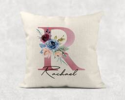 Personalised Initial & Name , Rose Floral Linen Cushion . Girls/Mum/Nan Birthday Gift - thumbnail 1