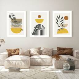 Boho Wall Art, Set Of 3 Prints, Living Room Modern Home Decor, Yellow Abstract Prints - thumbnail 1