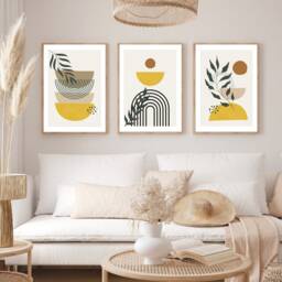 Boho Wall Art, Set Of 3 Prints, Living Room Modern Home Decor, Yellow Abstract Prints - thumbnail 2