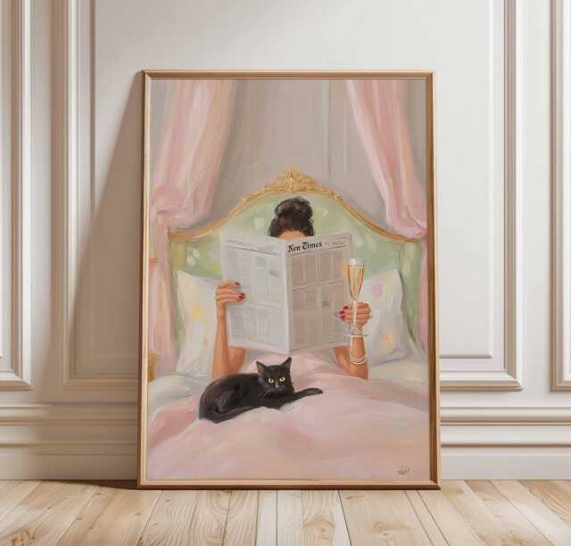 Modern Chic Room Decor Poster, Luxury Aesthetic Fashion Print, Black Cat Wall Art, Elegant Woman Reading in Bed, Home - image 1