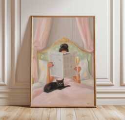 Modern Chic Room Decor Poster, Luxury Aesthetic Fashion Print, Black Cat Wall Art, Elegant Woman Reading in Bed, Home - thumbnail 1