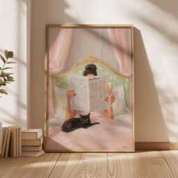 Modern Chic Room Decor Poster, Luxury Aesthetic Fashion Print, Black Cat Wall Art, Elegant Woman Reading in Bed, Home - thumbnail 3