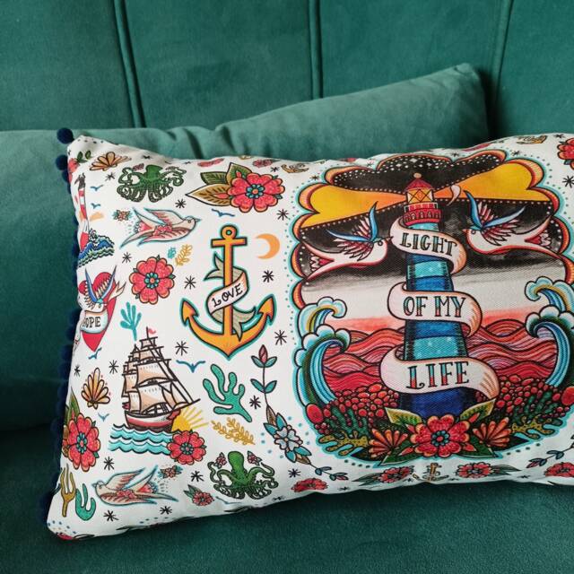Light Of My Life Cushion - Lighthouse Nautical Sailor Tattoo Flash Throw Pillow Swallows, Boat, Anchor Beach Decor - image 1