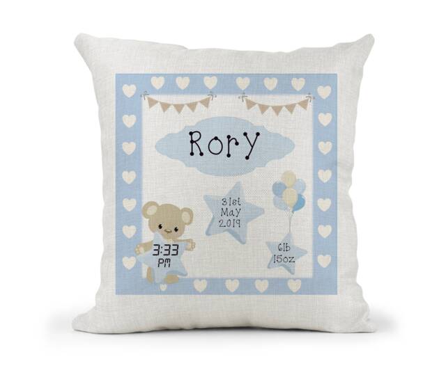 Personalised Cream Cushion Baby Boy Birth Details Gift New Keepsake - image 1