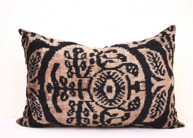 Handmade Silk Velvet Ikat Pillow Cover, Brown Accent Throw - image 1