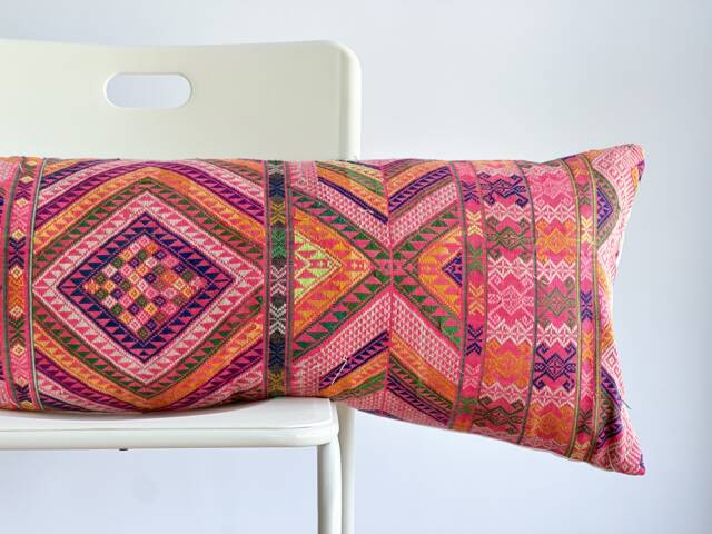 Vintage Embroidered Silk Textile Ethnic Piece Of Tradition Costume Lumbar Pillow Cover - image 1