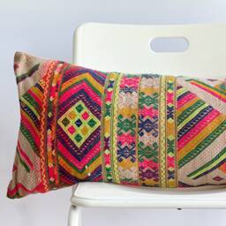Vintage Embroidered Silk Textile Ethnic Piece Of Tradition Costume Lumbar Pillow Cover - thumbnail 3