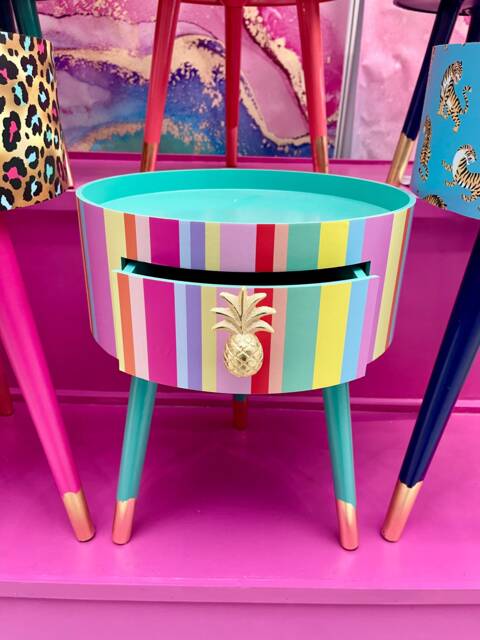 Pastel Rainbow Stripe Multicoloured Round Side Table . Circular Wooden Bedside With Drawer. Ideal Nighstand Or - image 1