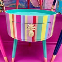 Pastel Rainbow Stripe Multicoloured Round Side Table . Circular Wooden Bedside With Drawer. Ideal Nighstand Or - thumbnail 4
