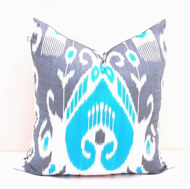 Handmade Silk Ikat Pillow Cover, Gray Blue Accent - 20x20 - image 1