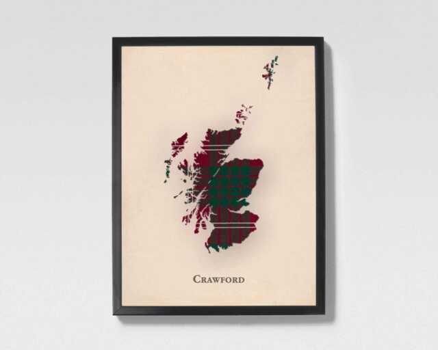 Clan Crawford Scottish Tartan Map - Of Scotland Family Wall Decor, Ready To Hang - image 1