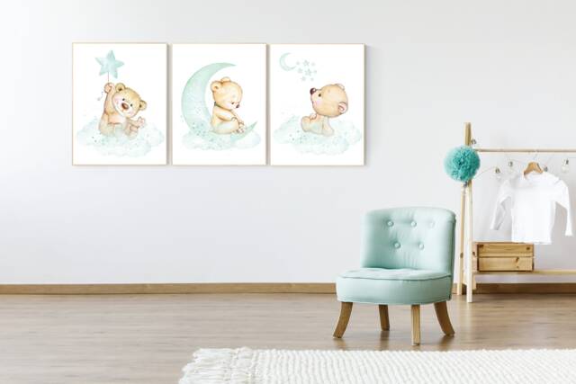 Mint Bear Nursery Decor Moon & Clouds Wall Art Print - image 1