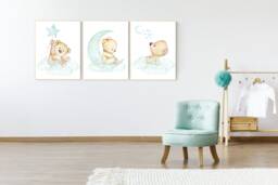 Mint Bear Nursery Decor Moon & Clouds Wall Art Print - thumbnail 1