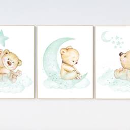 Mint Bear Nursery Decor Moon & Clouds Wall Art Print - thumbnail 2