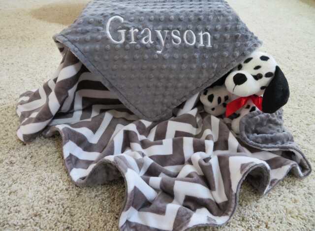 Personalized Baby Boy Minky Blanket, Charcoal Chevron, Shower Gift - image 1