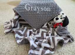 Personalized Baby Boy Minky Blanket, Charcoal Chevron, Shower Gift - thumbnail 1
