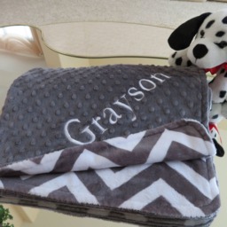 Personalized Baby Boy Minky Blanket, Charcoal Chevron, Shower Gift - thumbnail 2