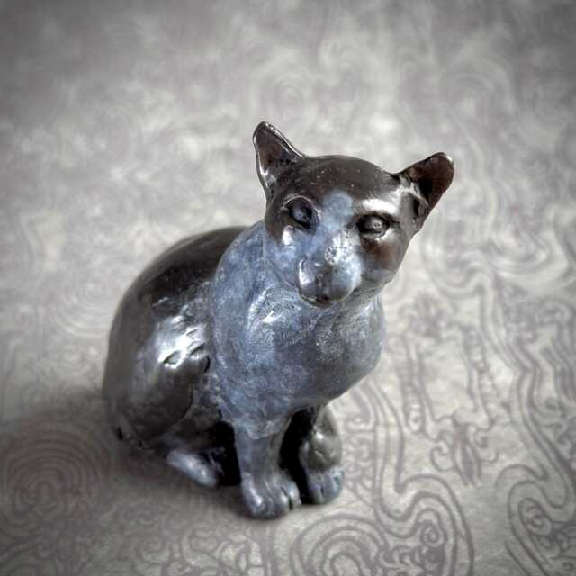 Small Bronze Cat Sculpture Tuxedo Kitty, Original Art - image 1