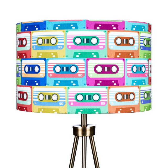 Cassette Print Lampshade - Drum Lamp Shade 25cm 30cm 35cm 40cm 45cm Handmade Velvet Home Decor Music Retro 80S Eighties Tapes Colour Gift - image 1