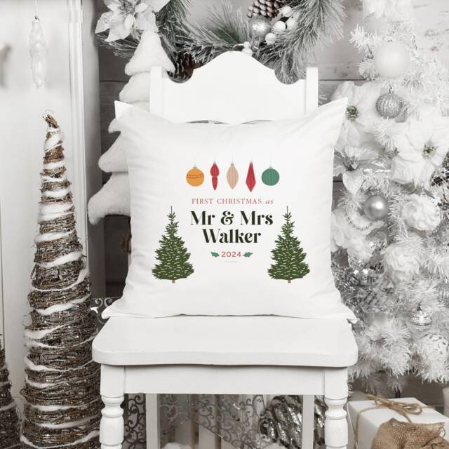 First Christmas As Mr & Mrs Last Name Cushion Gift For Wife Husband Newlywed Couple Our 1st Xmas Married Home Decor