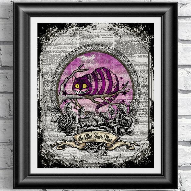 Dictionary Art Print Alice in Wonderland Cheshire Cat Quote. Art Poster On Antique Dictionary Book Page Wall Decor Mixed Media - image 1