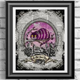 Dictionary Art Print Alice in Wonderland Cheshire Cat Quote. Art Poster On Antique Dictionary Book Page Wall Decor Mixed Media - thumbnail 1