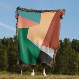 Color Block Cotton Woven Throw Blanket, Mid Century Modern Tapestry Blanket With Fringe Edges - thumbnail 2