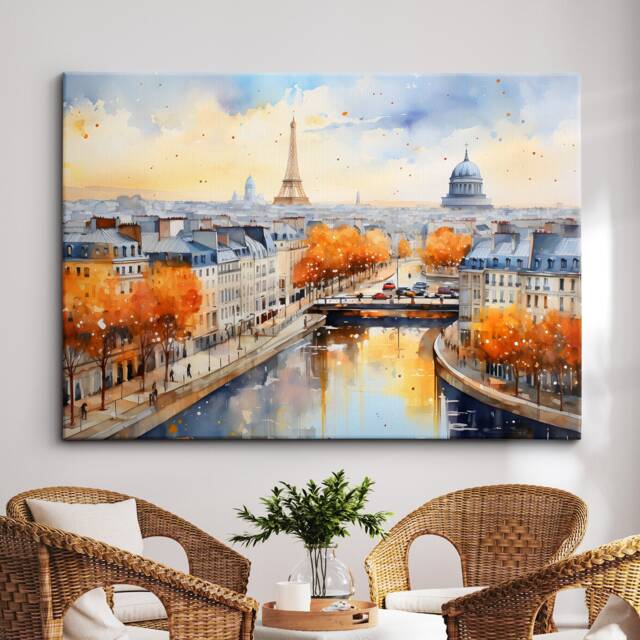 Paris France Eiffel Tower Cityscape Landmark Oil Painting Watercolor Wall Art, Framed Canvas Poster Print, Home Office Room Decor, Gifts - image 1