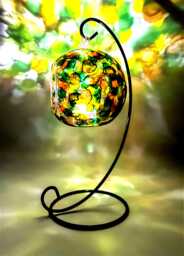 Hand Painted Glass Candle Holder in Abstract Autumn Colours With Metal Stand