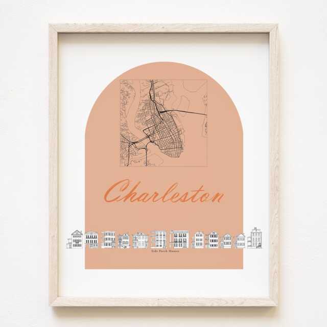 Charleston Streetscape + Map Drawing Side Porch Houses South Carolina City Plan - Art Print Wedding Realtor Moving Gift Travel Souvenir - image 1