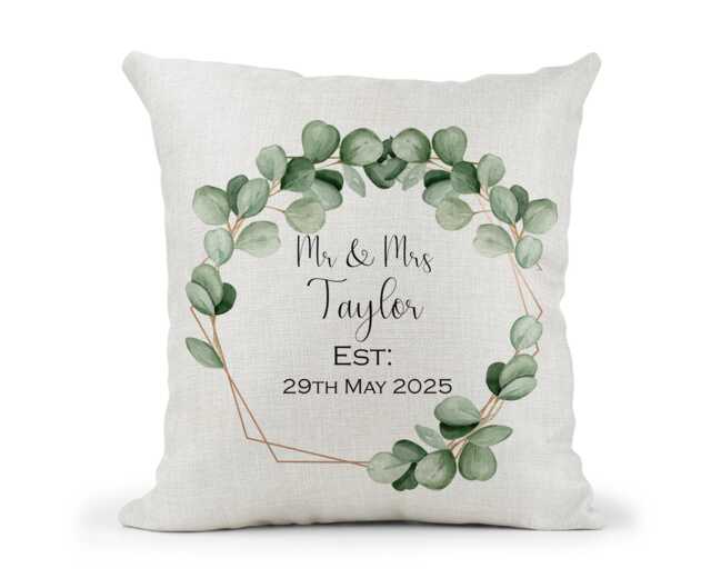 Personalised Wedding Gift Cream Canvas Cushion, Scatter Home Decor, Eucalyptus Watercolour Geometric Design.. Anniversary - image 1
