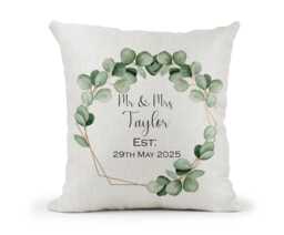 Personalised Wedding Gift Cream Canvas Cushion, Scatter Home Decor, Eucalyptus Watercolour Geometric Design.. Anniversary - thumbnail 1