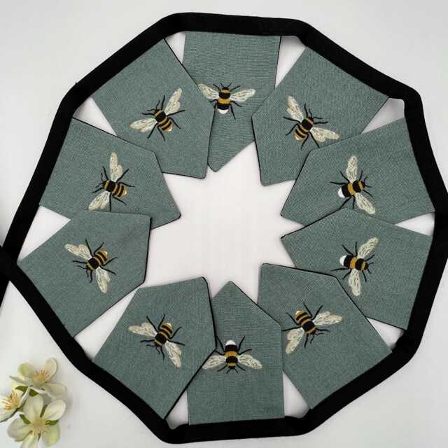Bee Mini Bunting, Teal Blue Background, Bees Fabric Wall Hanging Decoration - image 1