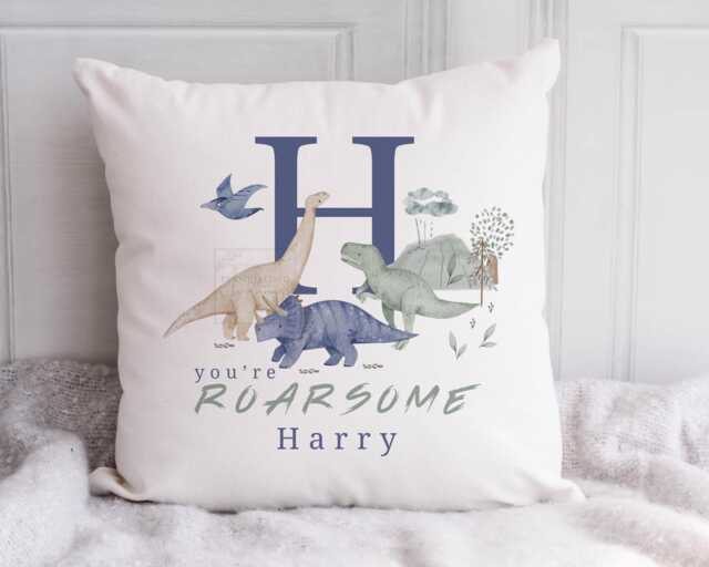 Personalised Dinosaur Cushion, Boys Gift, Kids Bedroom Nursery Decor, Pillow, Roarsome Alphabet Cushion - image 1