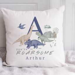 Personalised Dinosaur Cushion, Boys Gift, Kids Bedroom Nursery Decor, Pillow, Roarsome Alphabet Cushion - thumbnail 2