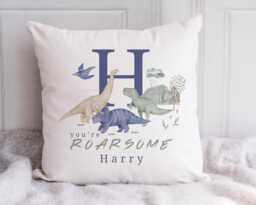 Personalised Dinosaur Cushion, Boys Gift, Kids Bedroom Nursery Decor, Pillow, Roarsome Alphabet Cushion