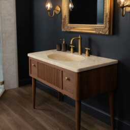Luxury Fluted Marble Sink With Oak Vanity - Elegant Mid-Century Bathroom Console M1F016 - thumbnail 2