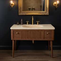 Luxury Fluted Marble Sink With Oak Vanity - Elegant Mid-Century Bathroom Console M1F016 - thumbnail 1