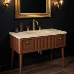 Luxury Fluted Marble Sink With Oak Vanity - Elegant Mid-Century Bathroom Console M1F016 - thumbnail 3