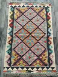 Afghan Kilim Rug, Handmade Artisan Multicolour Turkish Persian Navajo Moroccan Bohemian Flatweave, Natural Wool Dhurrie Rug 123x78 cm - thumbnail 1
