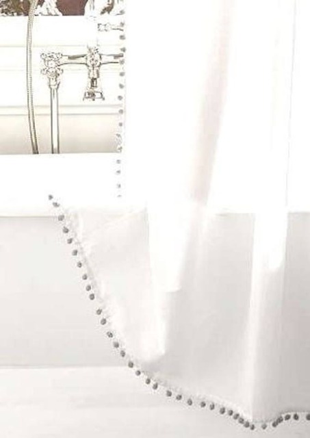 White Cotton Pom Shower Curtain, Trim Shower Curtain - Color Options - image 1