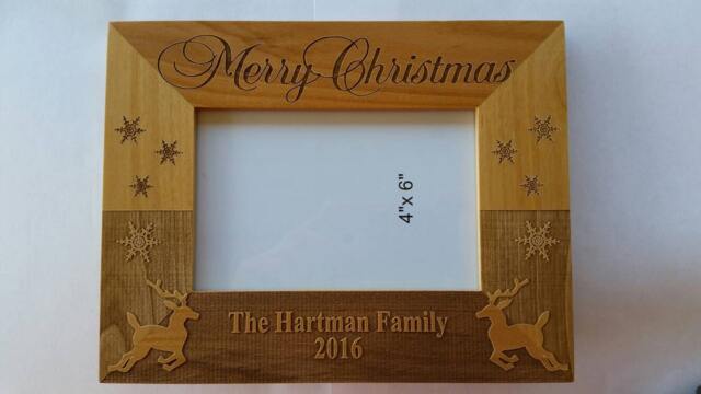 Personalized Laser Engraved Alder Wood Picture Frame Merry Christmas With Family Lastname & Year Gift Reindeer Snowflakes